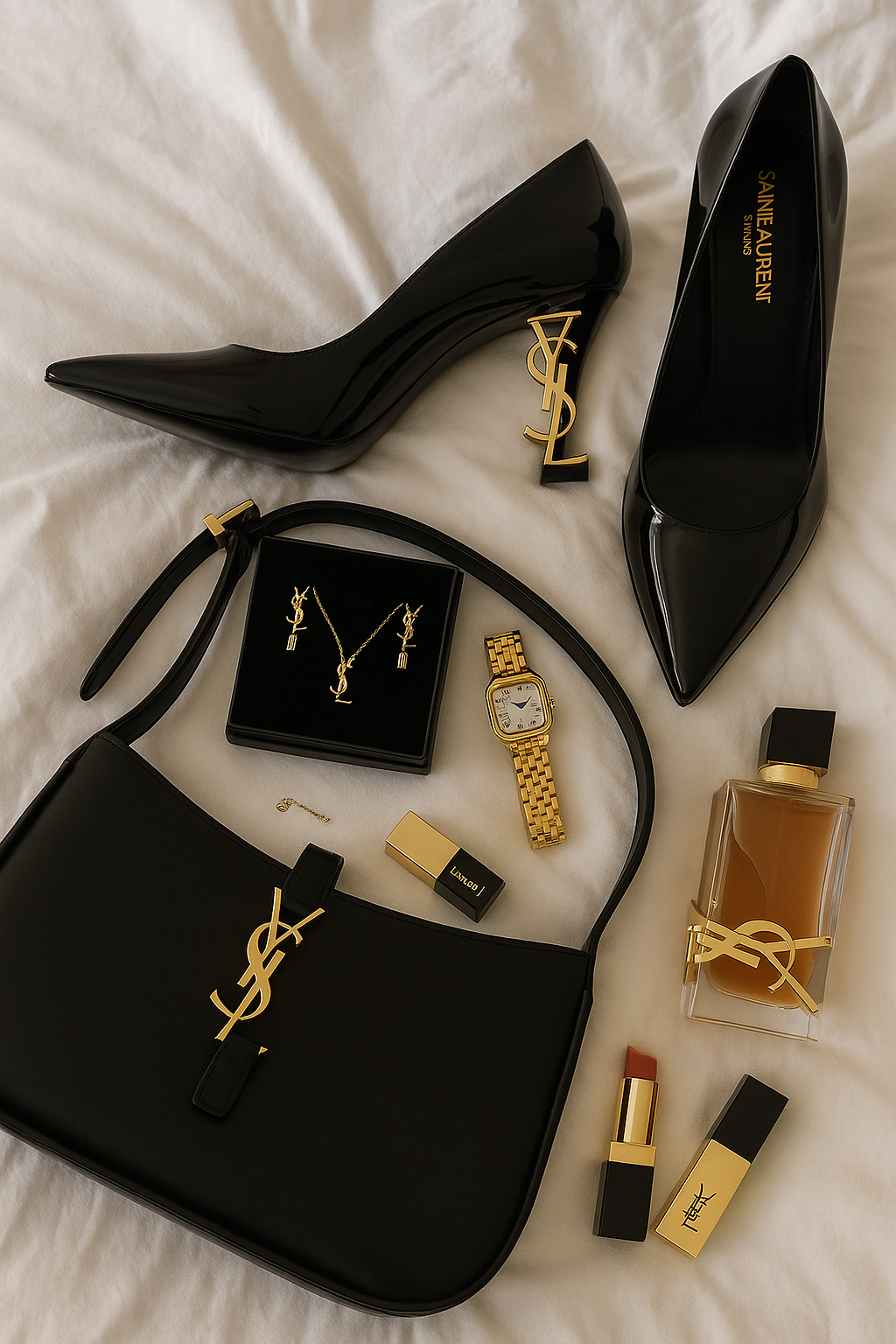 quiet luxury black and gold accessories