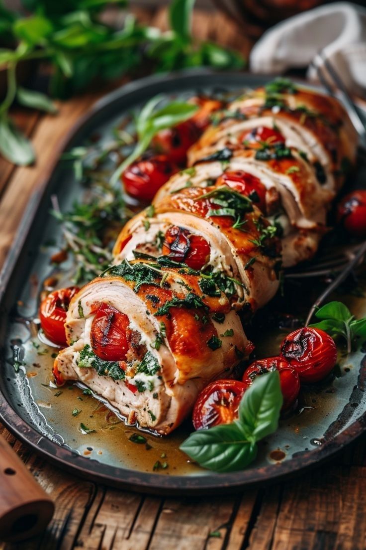 sliced chicken with tomatoes and herbs