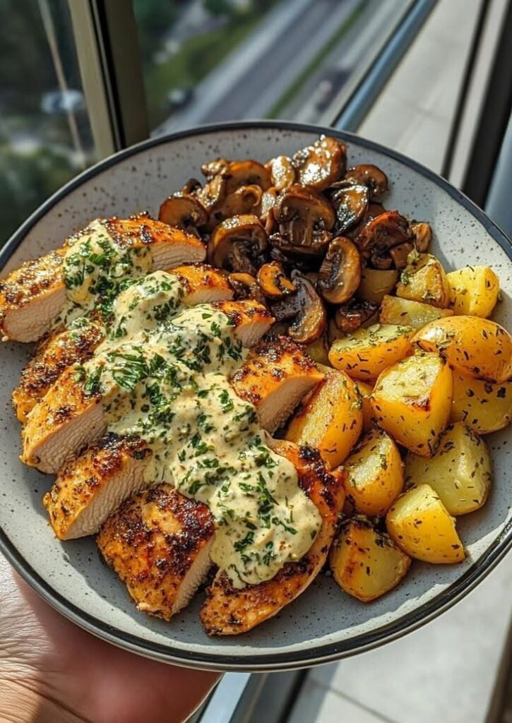 Creamy Garlic Herb Chicken with Roasted Potatoes & Mushrooms