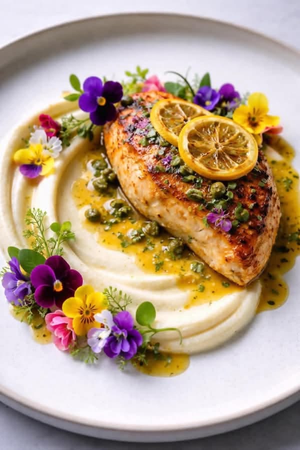 lemon butter chicken with cauliflower puree