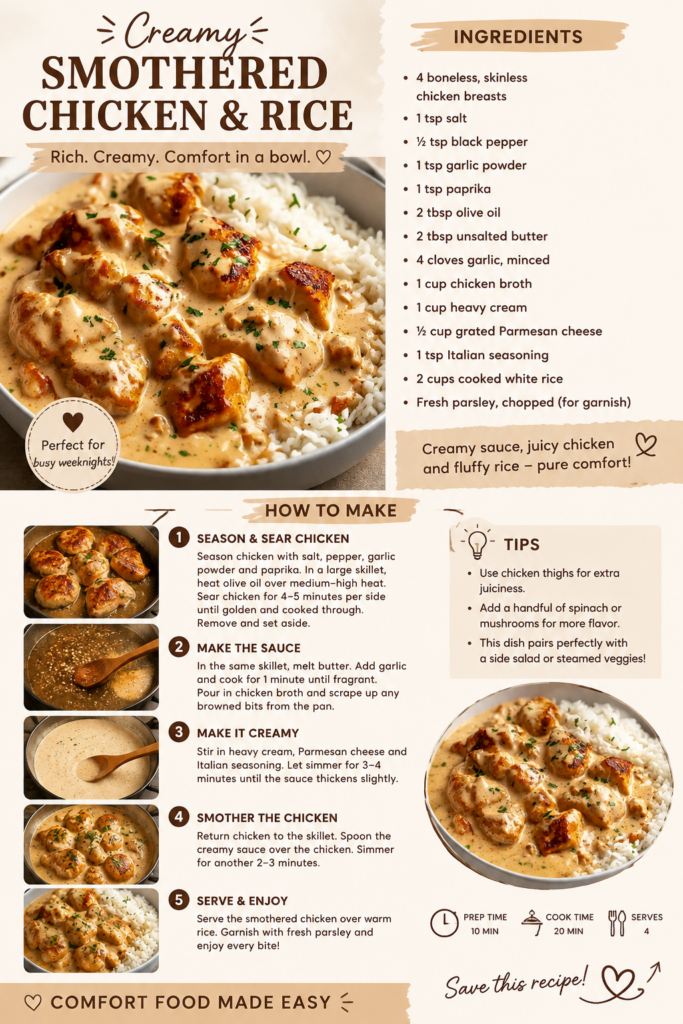 Creamy Smothered Chicken & Rice – Easy One-Pan Comfort