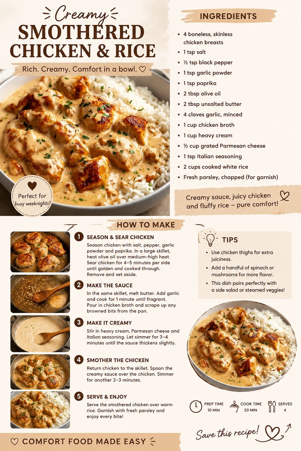 creamy smothered chicken and rice recipe