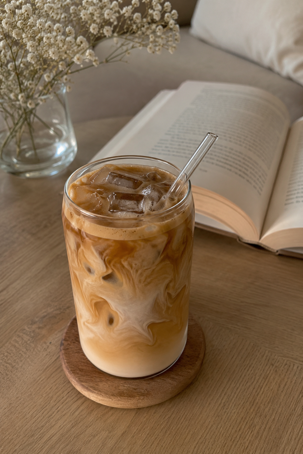 iced coffee and book morning